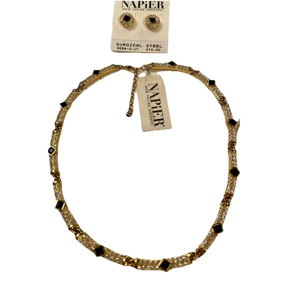 Vintage RUNWAY NAPIER 1990 NOS Black Clear Crystal Necklace & Earrings Orig Tags